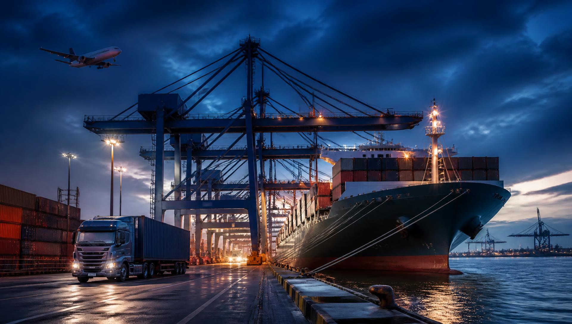 Container ship, port cranes, drayage truck and air freight moving cargo at a global port at dusk